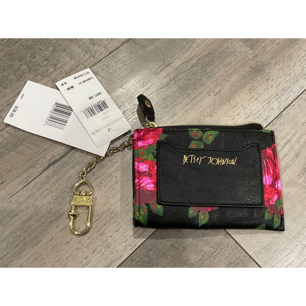 Betsey Johnson Floral ID Case Wallet Black Pink Rose Faux Leather Keychain NWT